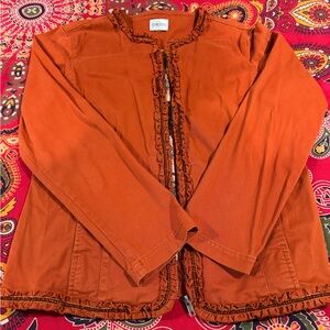 🦊Chico's Lightweight Cotton Rusty Brown Zip-Up, Subtle Ruffle, Slit Pockets M